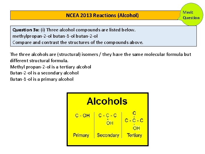 NCEA 2013 Reactions (Alcohol) Merit Question 3 a: (i) Three alcohol compounds are listed NCEA 2013 Reactions (Alcohol) Merit Question 3 a: (i) Three alcohol compounds are listed