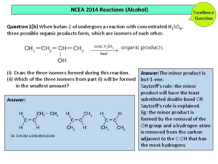 NCEA 2014 Reactions (Alcohol) Excellence Question 1(b) When butan 2 ol undergoes a reaction NCEA 2014 Reactions (Alcohol) Excellence Question 1(b) When butan 2 ol undergoes a reaction