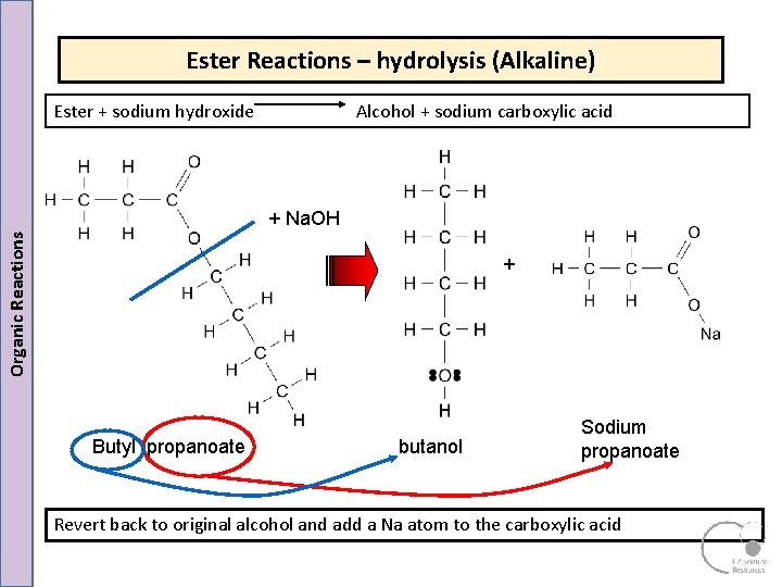 Ester Reactions – hydrolysis (Alkaline) Ester + sodium hydroxide Alcohol + sodium carboxylic acid Ester Reactions – hydrolysis (Alkaline) Ester + sodium hydroxide Alcohol + sodium carboxylic acid