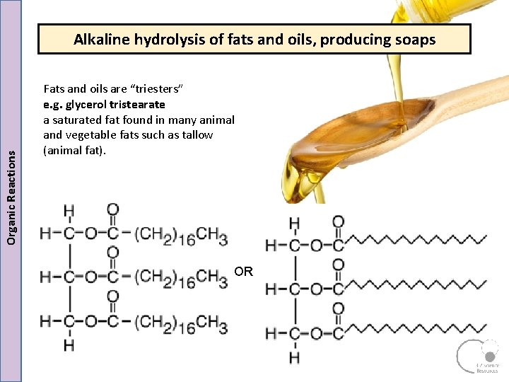 Organic Reactions Alkaline hydrolysis of fats and oils, producing soaps Fats and oils are Organic Reactions Alkaline hydrolysis of fats and oils, producing soaps Fats and oils are