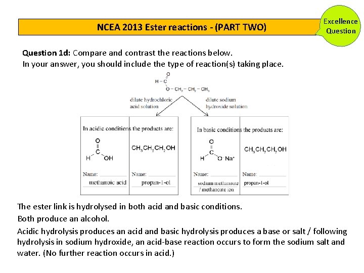 NCEA 2013 Ester reactions - (PART TWO) Excellence Question 1 d: Compare and contrast NCEA 2013 Ester reactions - (PART TWO) Excellence Question 1 d: Compare and contrast