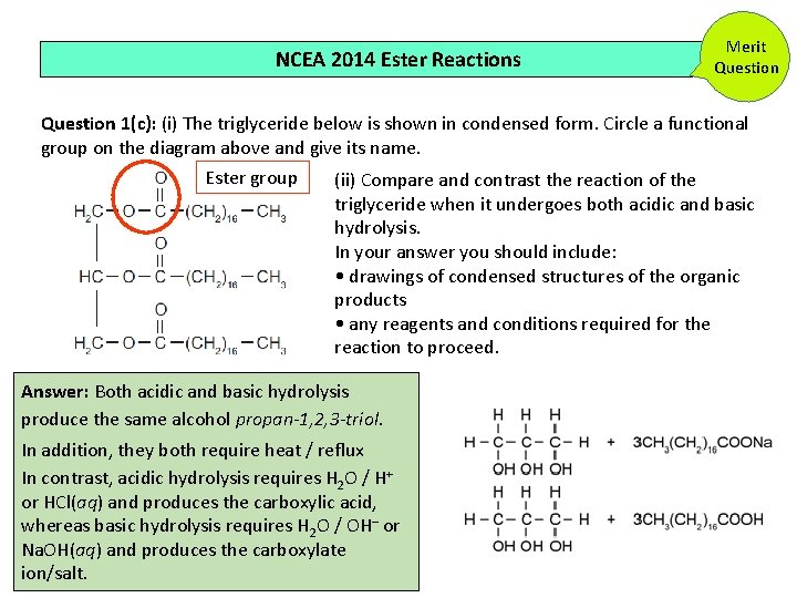 NCEA 2014 Ester Reactions Merit Question 1(c): (i) The triglyceride below is shown in NCEA 2014 Ester Reactions Merit Question 1(c): (i) The triglyceride below is shown in