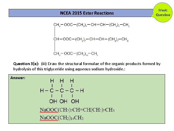 NCEA 2015 Ester Reactions Merit Question 3(a): (iii) Draw the structural formulae of the NCEA 2015 Ester Reactions Merit Question 3(a): (iii) Draw the structural formulae of the