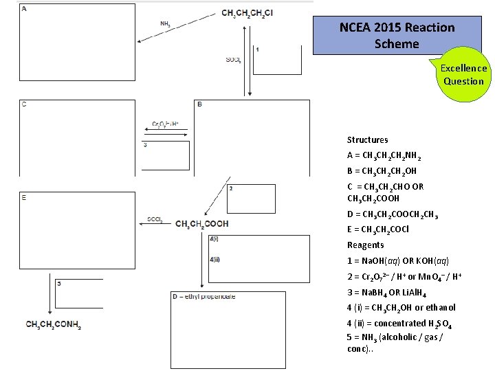 NCEA 2015 Reaction Scheme Excellence Question Structures A = CH 3 CH 2 NH NCEA 2015 Reaction Scheme Excellence Question Structures A = CH 3 CH 2 NH
