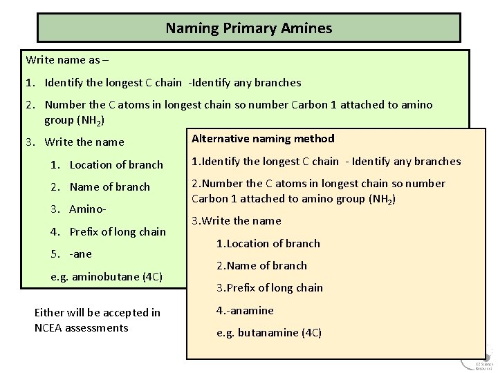Naming Primary Amines Write name as – 1. Identify the longest C chain Identify Naming Primary Amines Write name as – 1. Identify the longest C chain Identify