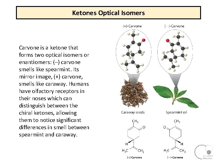 Ketones Optical Isomers Carvone is a ketone that forms two optical isomers or enantiomers: Ketones Optical Isomers Carvone is a ketone that forms two optical isomers or enantiomers:
