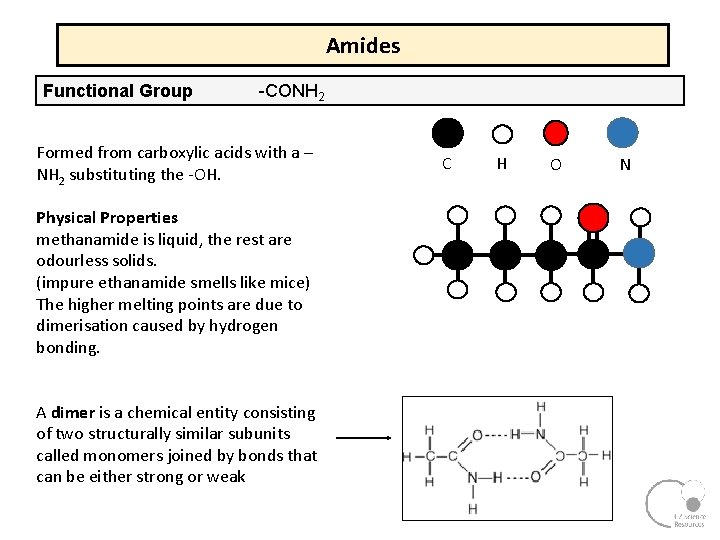 Amides Functional Group -CONH 2 Formed from carboxylic acids with a – NH 2 Amides Functional Group -CONH 2 Formed from carboxylic acids with a – NH 2