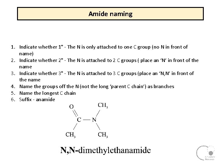 Amide naming 1. Indicate whether 1° The N is only attached to one C Amide naming 1. Indicate whether 1° The N is only attached to one C