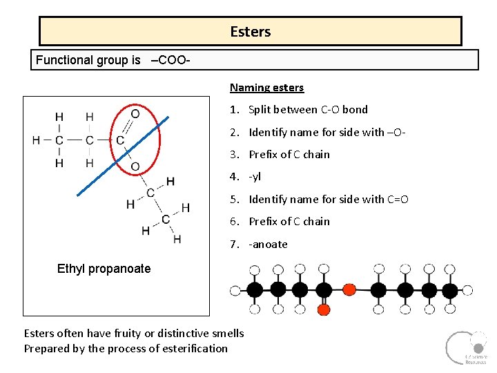 Esters Functional group is –COO- Naming esters 1. Split between C O bond 2. Esters Functional group is –COO- Naming esters 1. Split between C O bond 2.