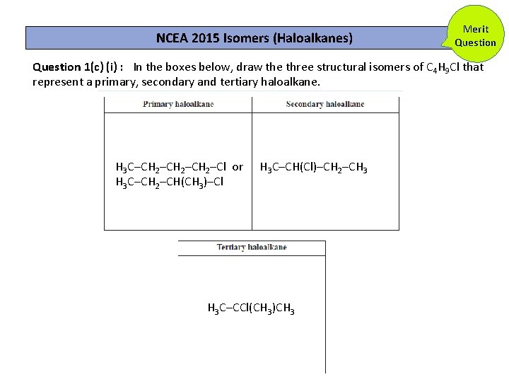 NCEA 2015 Isomers (Haloalkanes) Merit Question 1(c) (i) : In the boxes below, draw NCEA 2015 Isomers (Haloalkanes) Merit Question 1(c) (i) : In the boxes below, draw