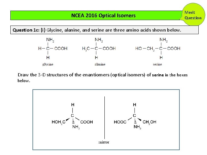 NCEA 2016 Optical Isomers Merit Question 1 c: (i) Glycine, alanine, and serine are NCEA 2016 Optical Isomers Merit Question 1 c: (i) Glycine, alanine, and serine are