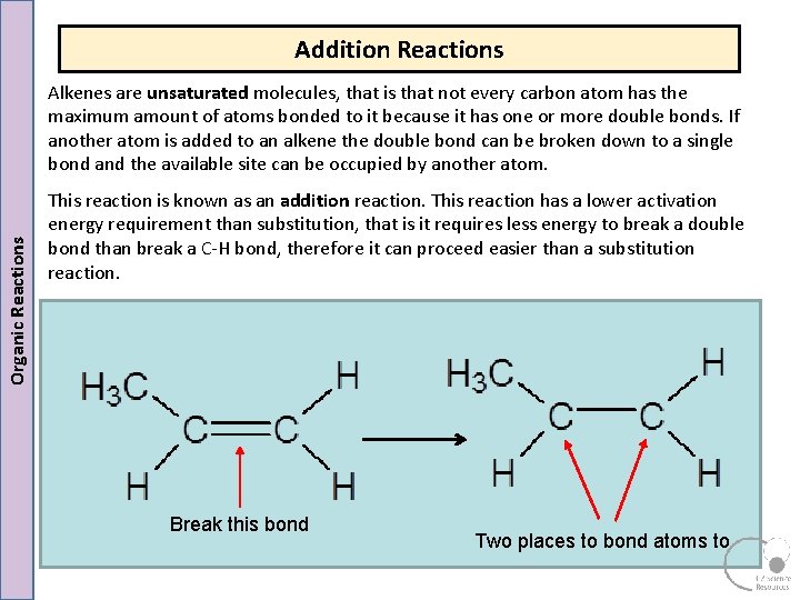 Addition Reactions Organic Reactions Alkenes are unsaturated molecules, that is that not every carbon Addition Reactions Organic Reactions Alkenes are unsaturated molecules, that is that not every carbon