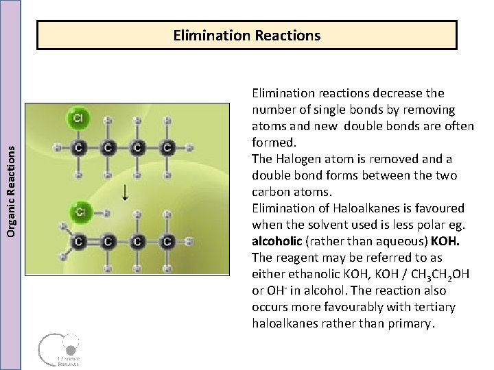Organic Reactions Elimination reactions decrease the number of single bonds by removing atoms and Organic Reactions Elimination reactions decrease the number of single bonds by removing atoms and