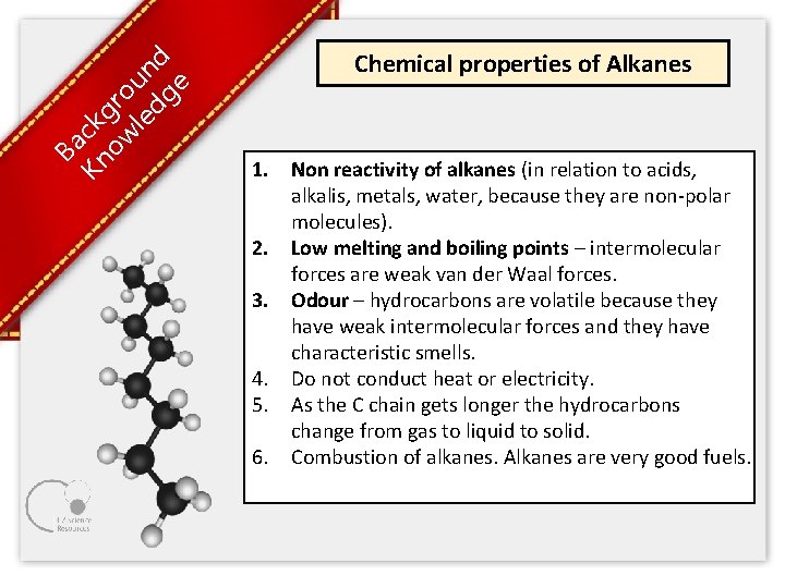 Ba Kn ck ow gro le un dg d e Chemical properties of Alkanes Ba Kn ck ow gro le un dg d e Chemical properties of Alkanes