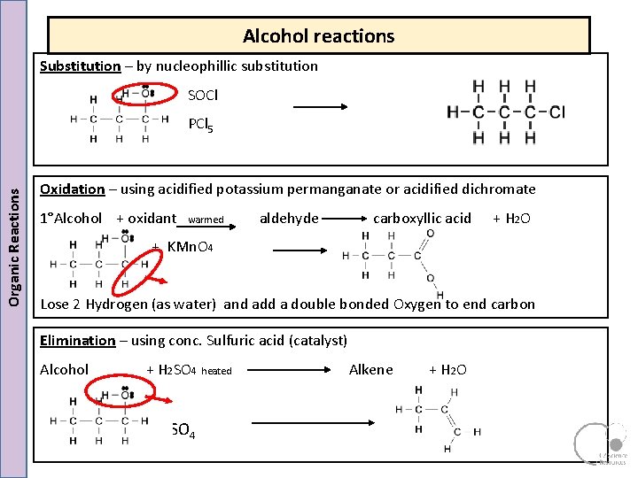 Alcohol reactions Substitution – by nucleophillic substitution SOCl Organic Reactions PCl 5 Oxidation – Alcohol reactions Substitution – by nucleophillic substitution SOCl Organic Reactions PCl 5 Oxidation –