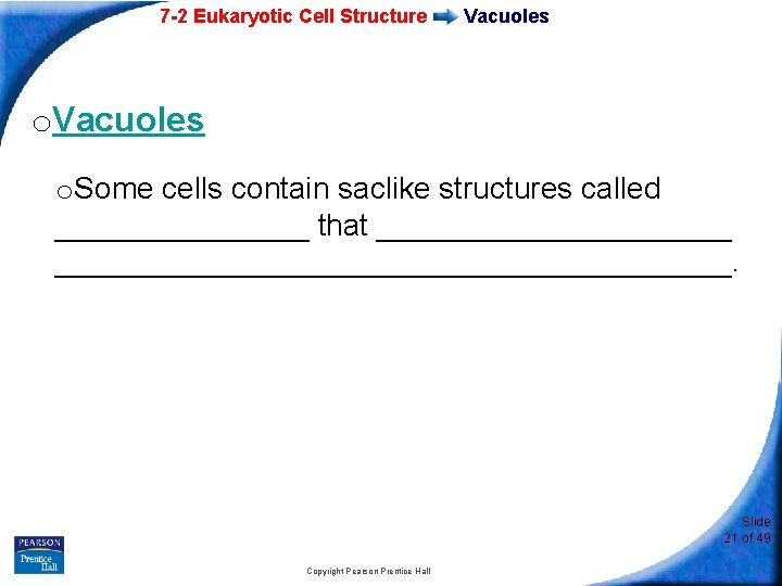 7 -2 Eukaryotic Cell Structure Vacuoles o. Some cells contain saclike structures called ________