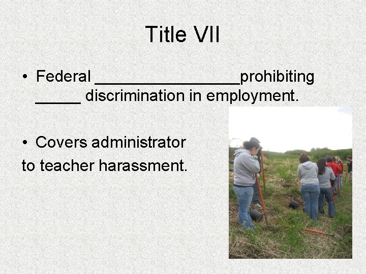 Title VII • Federal ________prohibiting _____ discrimination in employment. • Covers administrator to teacher