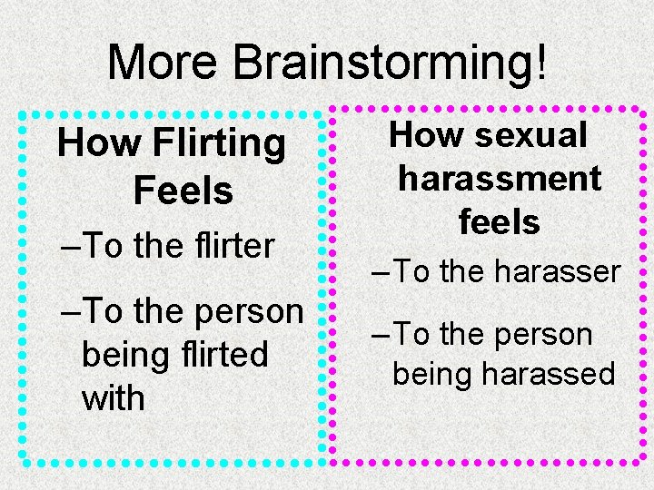 More Brainstorming! How Flirting Feels –To the flirter –To the person being flirted with