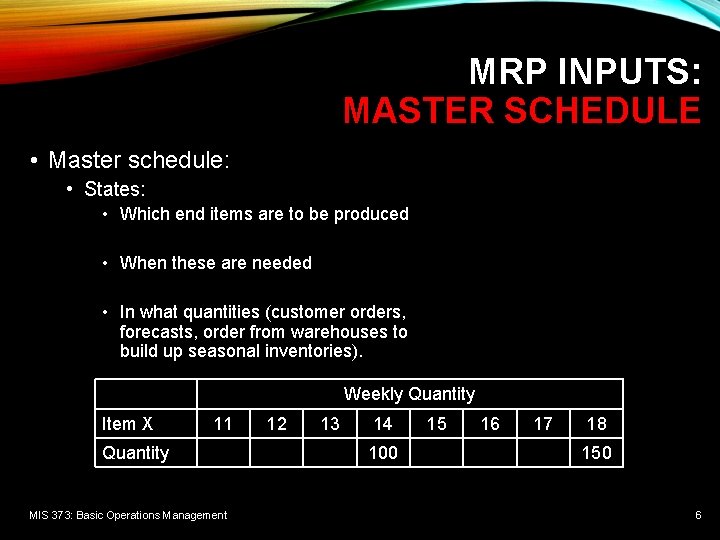 MRP INPUTS: MASTER SCHEDULE • Master schedule: • States: • Which end items are MRP INPUTS: MASTER SCHEDULE • Master schedule: • States: • Which end items are