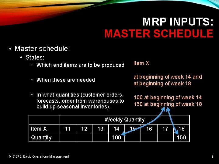 MRP INPUTS: MASTER SCHEDULE • Master schedule: • States: • Which end items are MRP INPUTS: MASTER SCHEDULE • Master schedule: • States: • Which end items are