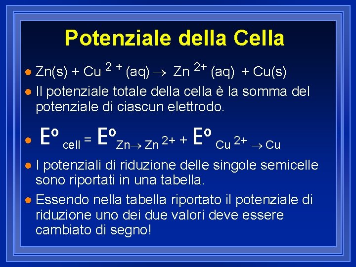 Potenziale della Cella Zn(s) + Cu 2 + (aq) ® Zn 2+ (aq) +
