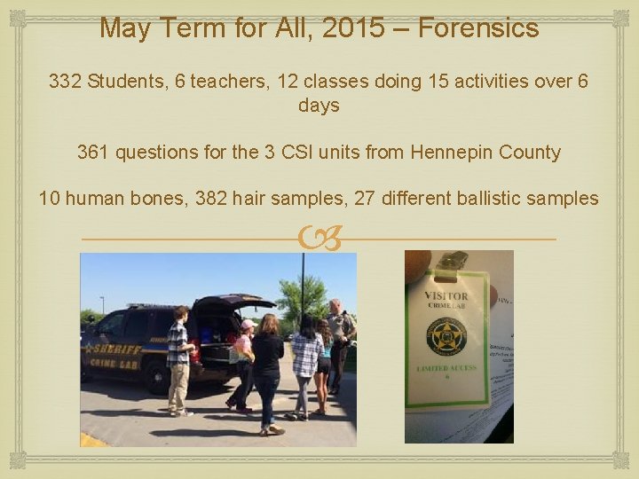 May Term for All, 2015 – Forensics 332 Students, 6 teachers, 12 classes doing May Term for All, 2015 – Forensics 332 Students, 6 teachers, 12 classes doing
