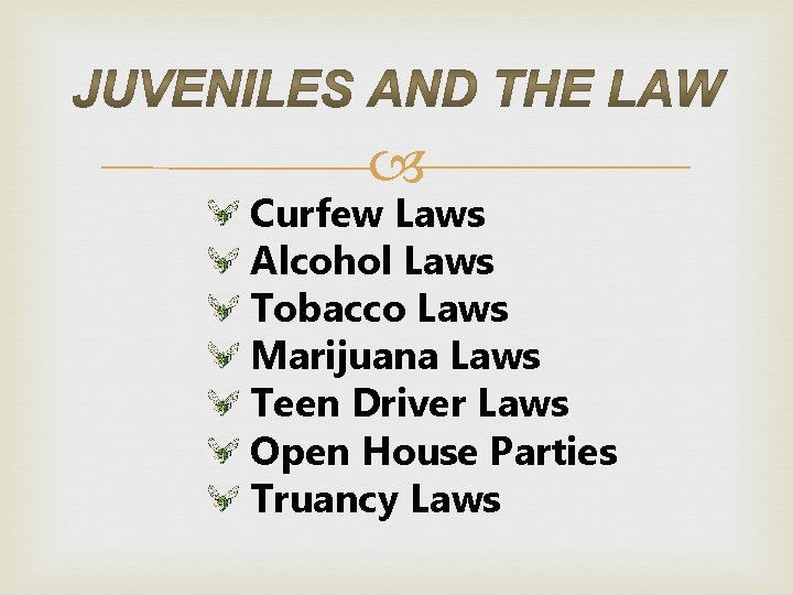 Curfew Laws Alcohol Laws Tobacco Laws Marijuana Laws Teen Driver Laws Open House Curfew Laws Alcohol Laws Tobacco Laws Marijuana Laws Teen Driver Laws Open House