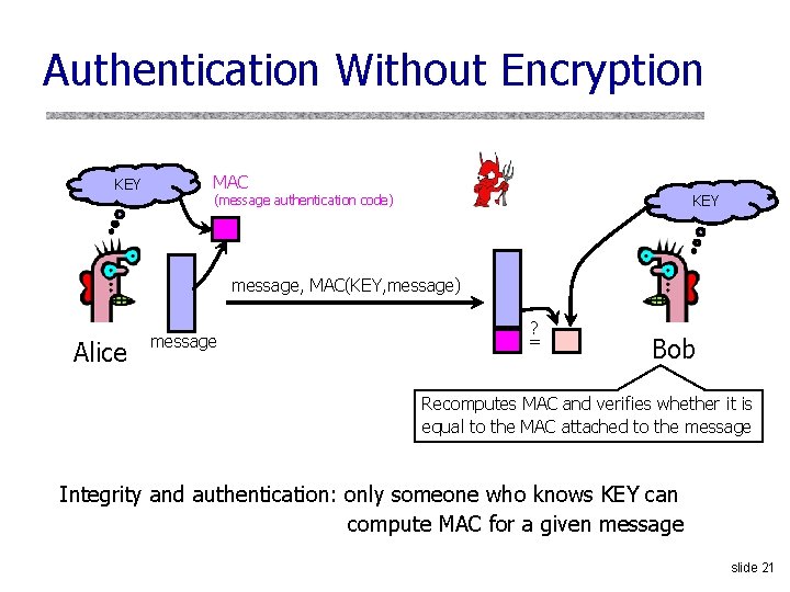 Authentication Without Encryption KEY MAC KEY (message authentication code) message, MAC(KEY, message) Alice message Authentication Without Encryption KEY MAC KEY (message authentication code) message, MAC(KEY, message) Alice message