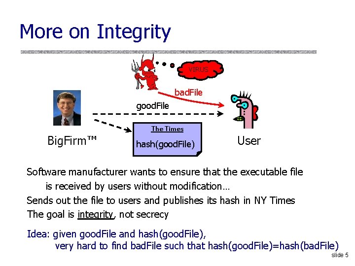 More on Integrity VIRUS bad. File good. File Big. Firm™ The Times hash(good. File) More on Integrity VIRUS bad. File good. File Big. Firm™ The Times hash(good. File)