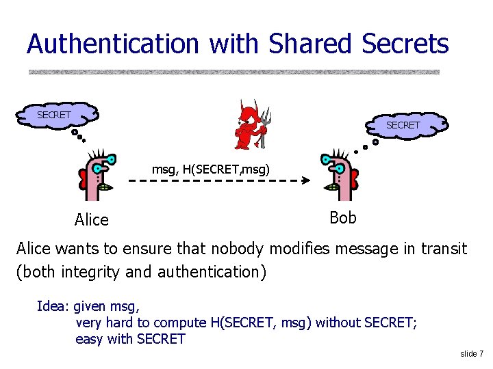 Authentication with Shared Secrets SECRET msg, H(SECRET, msg) Alice Bob Alice wants to ensure Authentication with Shared Secrets SECRET msg, H(SECRET, msg) Alice Bob Alice wants to ensure