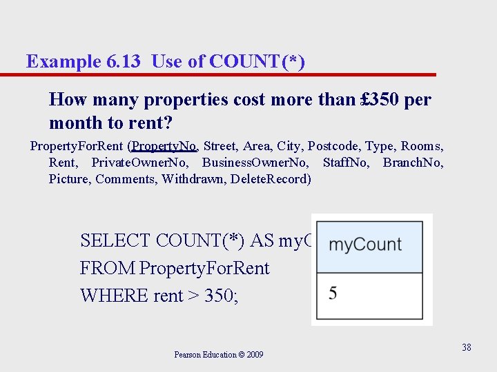 Example 6. 13 Use of COUNT(*) How many properties cost more than £ 350