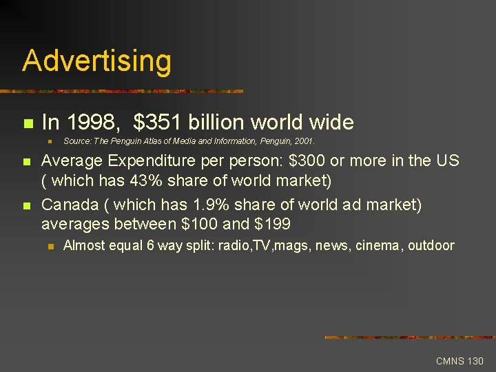 Advertising n In 1998, $351 billion world wide n n n Source: The Penguin