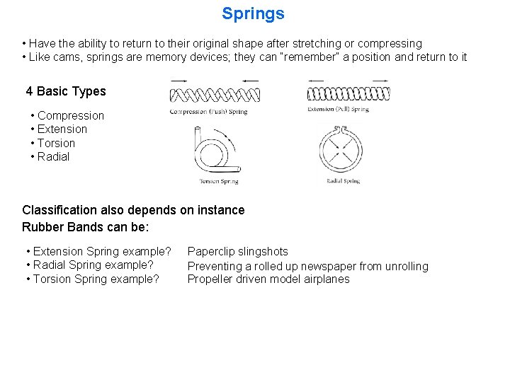 Springs • Have the ability to return to their original shape after stretching or