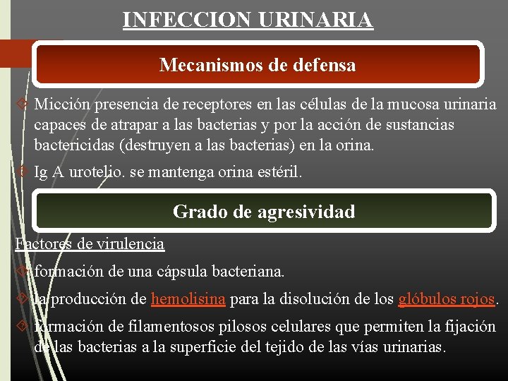 INFECCION URINARIA Mecanismos de defensa Micción presencia de receptores en las células de la