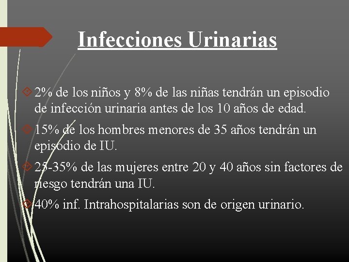 Infecciones Urinarias 2% de los niños y 8% de las niñas tendrán un episodio
