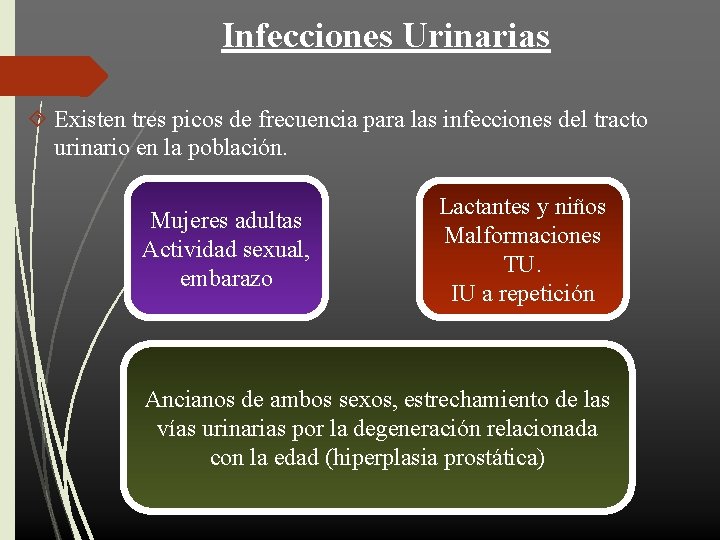 Infecciones Urinarias Existen tres picos de frecuencia para las infecciones del tracto urinario en