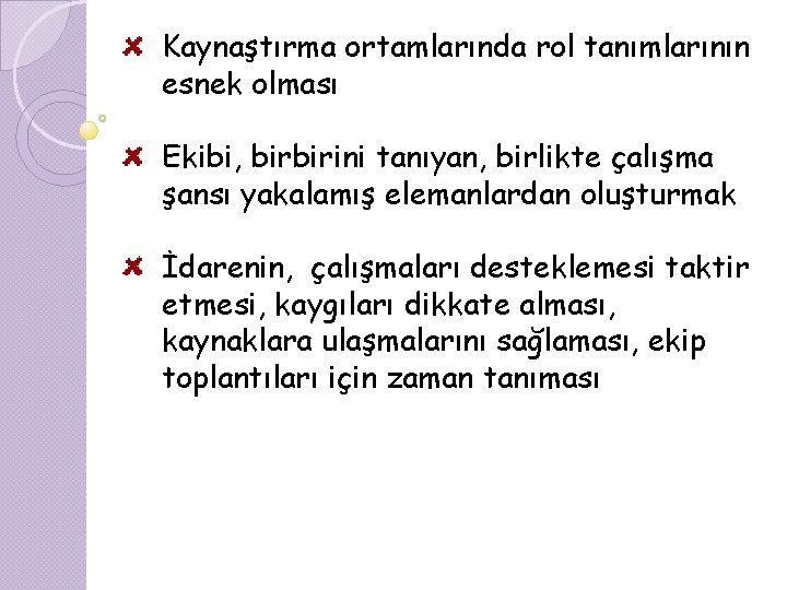 Kaynaştırma ortamlarında rol tanımlarının esnek olması Ekibi, birbirini tanıyan, birlikte çalışma şansı yakalamış elemanlardan