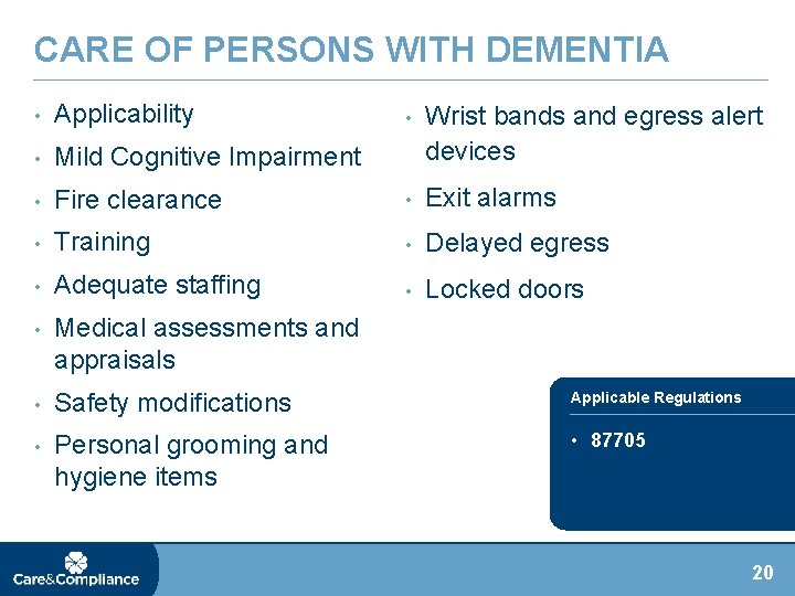 CARE OF PERSONS WITH DEMENTIA • Applicability • Mild Cognitive Impairment • • Wrist