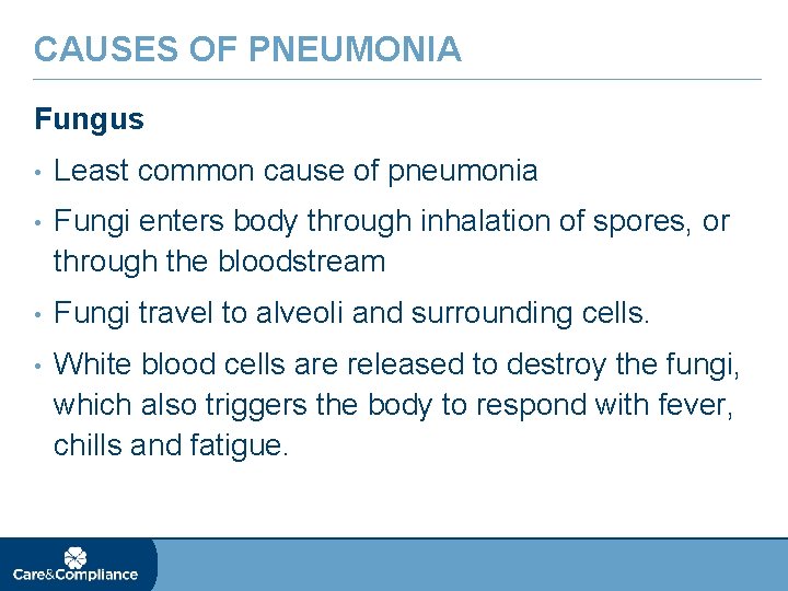 CAUSES OF PNEUMONIA Fungus • Least common cause of pneumonia • Fungi enters body
