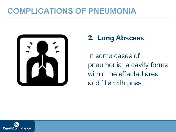 COMPLICATIONS OF PNEUMONIA 2. Lung Abscess In some cases of pneumonia, a cavity forms