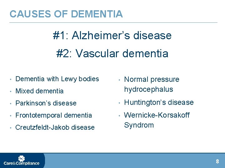 CAUSES OF DEMENTIA #1: Alzheimer’s disease #2: Vascular dementia • Dementia with Lewy bodies