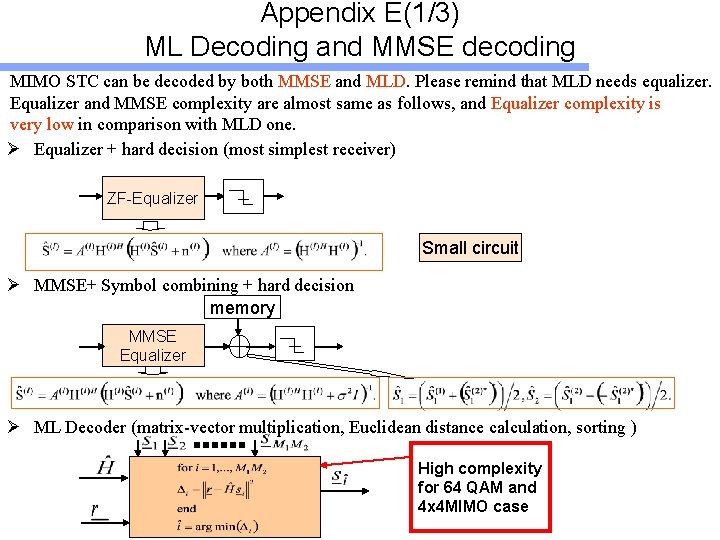 Appendix E(1/3) ML Decoding and MMSE decoding MIMO STC can be decoded by both