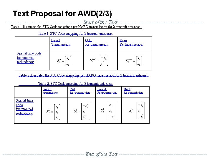 Text Proposal for AWD(2/3) ---------------------- Start of the Text ------------------------Table 1 illustrates the STC