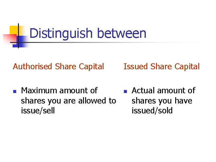 Distinguish between Authorised Share Capital n Maximum amount of shares you are allowed to