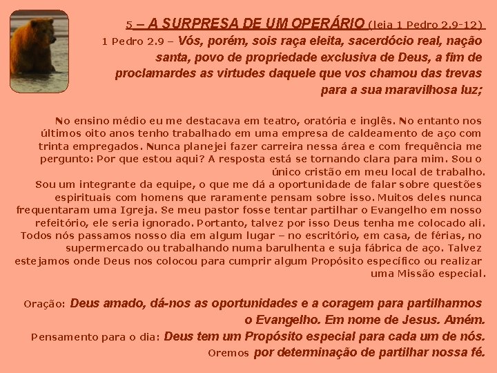 5 – A SURPRESA DE UM OPERÁRIO (leia 1 Pedro 2. 9 -12) Vós,