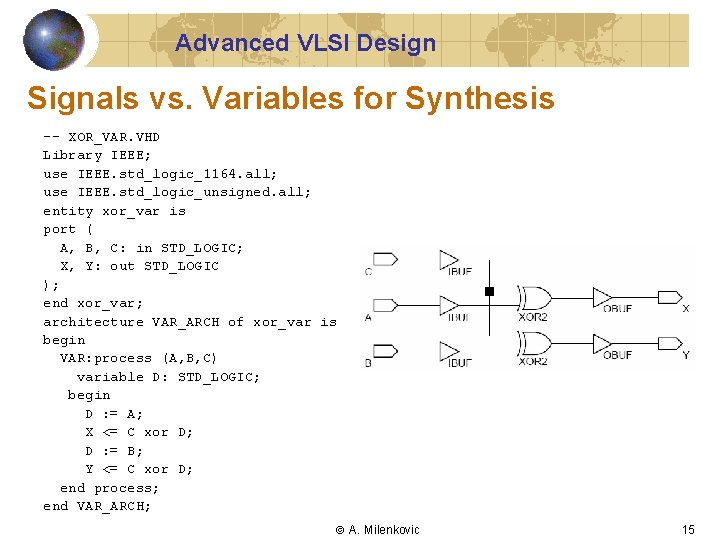 Advanced VLSI Design Signals vs. Variables for Synthesis -- XOR_VAR. VHD Library IEEE; use