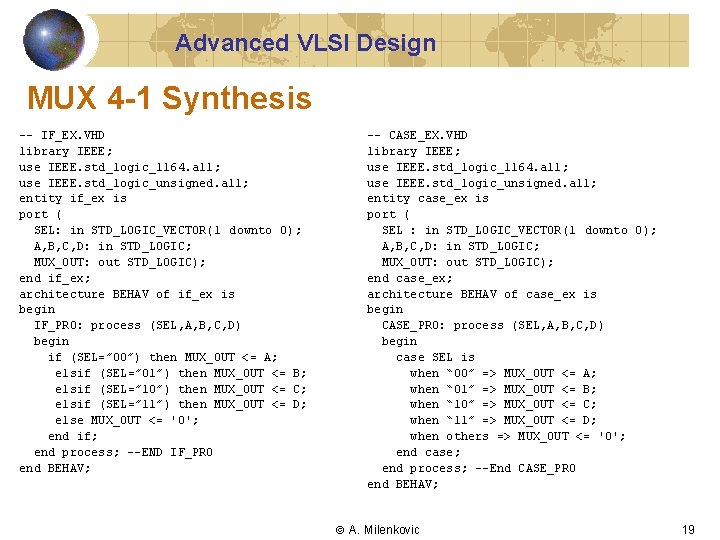 Advanced VLSI Design MUX 4 -1 Synthesis -- IF_EX. VHD library IEEE; use IEEE.