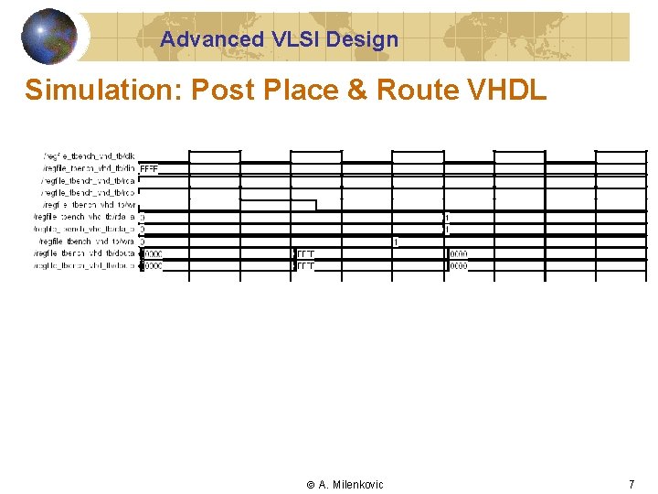 Advanced VLSI Design Simulation: Post Place & Route VHDL A. Milenkovic 7 