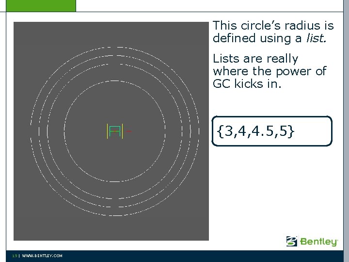 This circle’s radius is defined using a list. Lists are really where the power