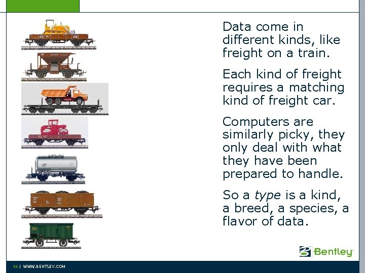 Data come in different kinds, like freight on a train. Each kind of freight